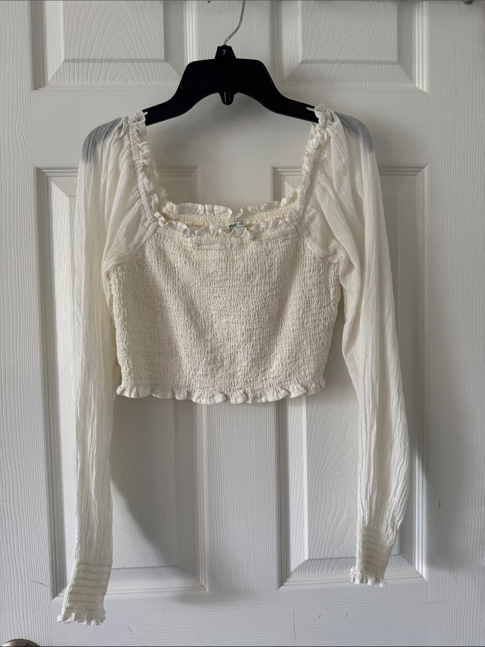 aerie Cream Smocked Long-Sleeve Crop Top with Ruffle Edge